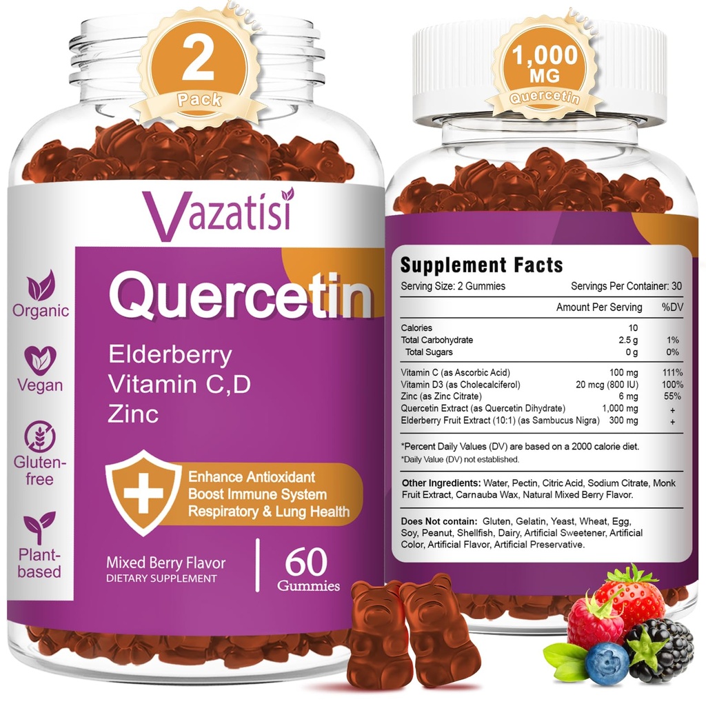 Quercetin Gummies, Quercetin z witaminą C Cynk, Bromelain, Elderberry i witaminy D, Immune Support Dorosłych Dzieci, Kobiety 120 Gummies Chewable
