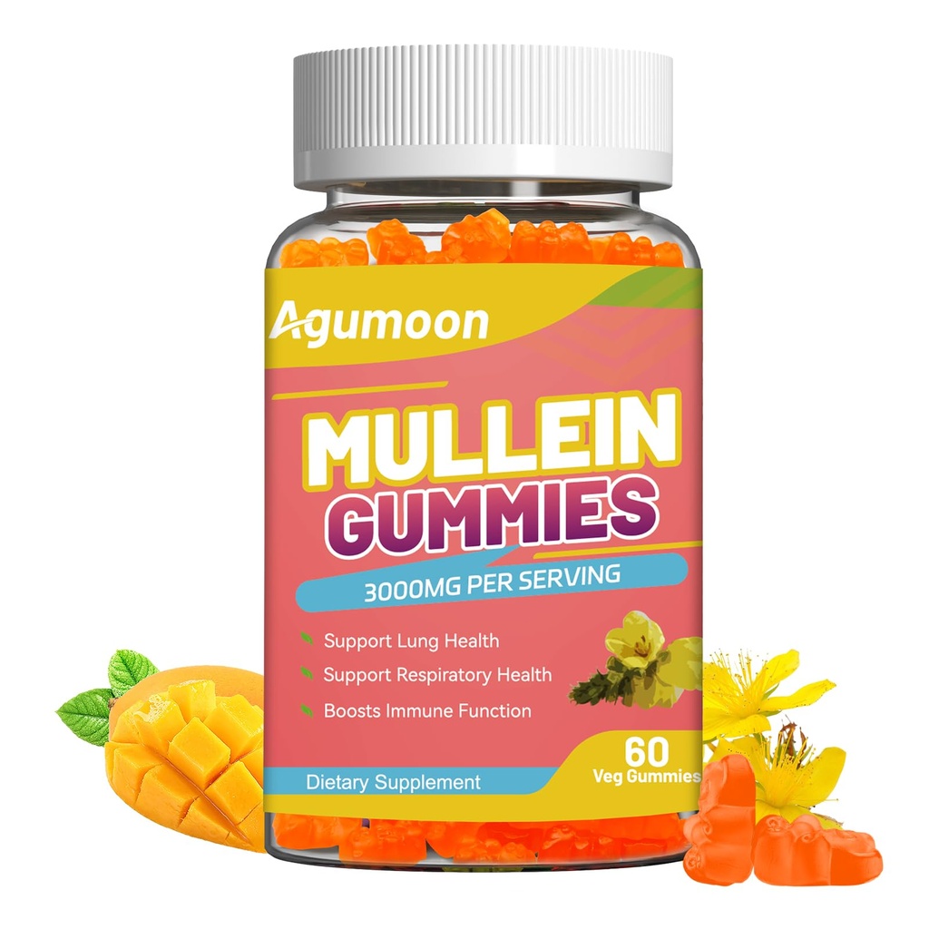 3000MG Mullein Gummies, Ekstrakt Extra Siła Mullein Leaf z Quercetin, Bromelain dla Lung Detox & Wsparcie immunologiczne, Mango Flavor, 60 Count