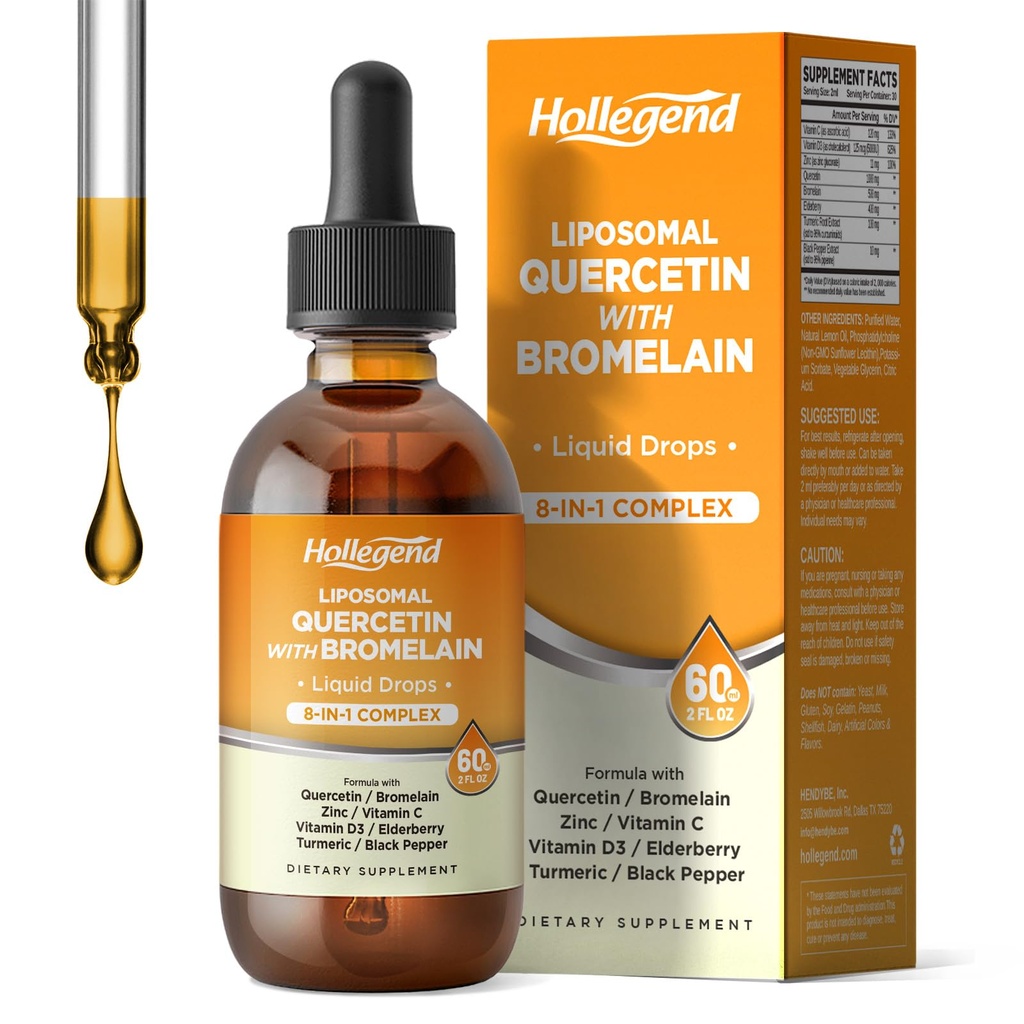 Liposomal Quercetin z Bromelain płynne krople, 8 w 1 Organic Quercetin 1000mg Suplementy z Bromelain 500mg, Witamina C, D3, Cynk, Elderberry, Turmeric dla odporności i zdrowia oddechowego, 2 Fl Oz