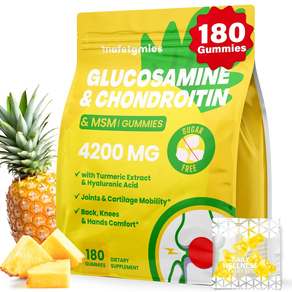 Glukozamina Gummies Chondroitin, 4200mg Dodatkowa Siła Suplementy wspólne Glukozamina Chondroitin z MSM & Elderberry dla Joint Health, Elastyczność, Wsparcie immunologiczne dla dorosłych, Mężczyźni i kobiety, 180 Hrabia