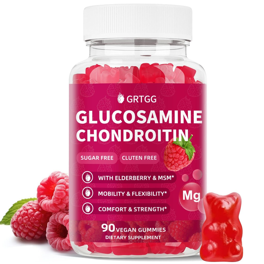 Glukozamina Gummie Chondroitin z MSM & Elderberry Dodatkowa siła 3000MG - Wspólne wsparcie, Antyoksydant immunologiczny suplement wsparcia dla dorosłych, Mężczyźni i kobiety - 90 Malina Gummies