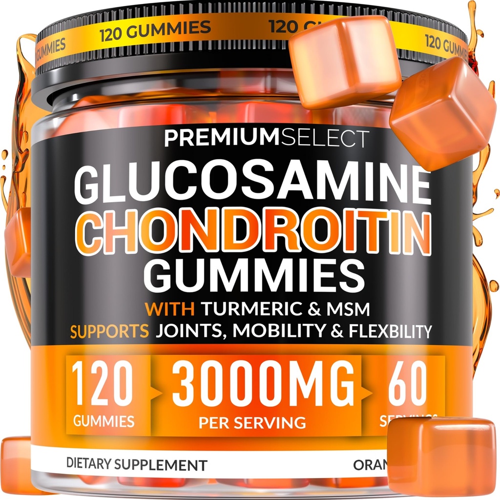 Glukozaminy Chondroitin Gummie do wspólnego wsparcia - 120 Gummies Glukozaminy Dodatkowa moc 3000mg z MSM, Turmeric, Wapnia, Witamina D3 - Suplement dla dorosłych bez cukru - Elastyczność i mobilność