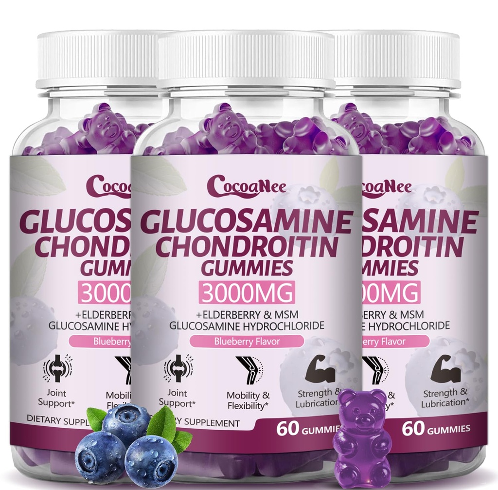 3 Pakiety 3000MG Glukozamina Gummies Chondroitin, Dodatkowa siła Joint Support Supplement z MSM & Elderberry, Elastyczność, Gummy przeciwutleniające immunologiczne dla dorosłych, Mężczyźni i kobiety 180Cts