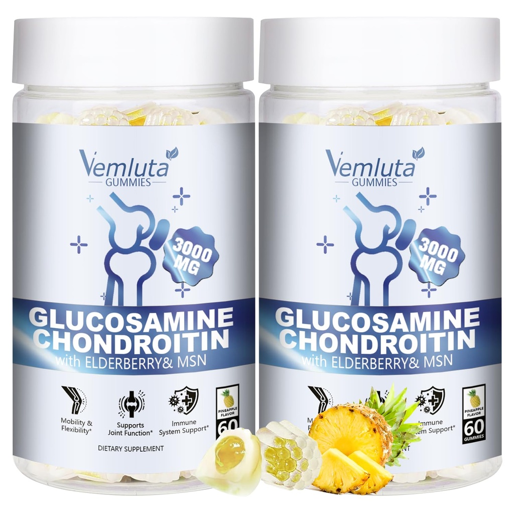 2 Opakowania Glukozamina Gummie Chondroitin - 3000MG Dodatkowa siła Joint Support Supplement z MSM, Elastyczność, Gummy przeciwutleniające immunologiczne dla dorosłych, Mężczyźni i Kobiety - 120 Ct