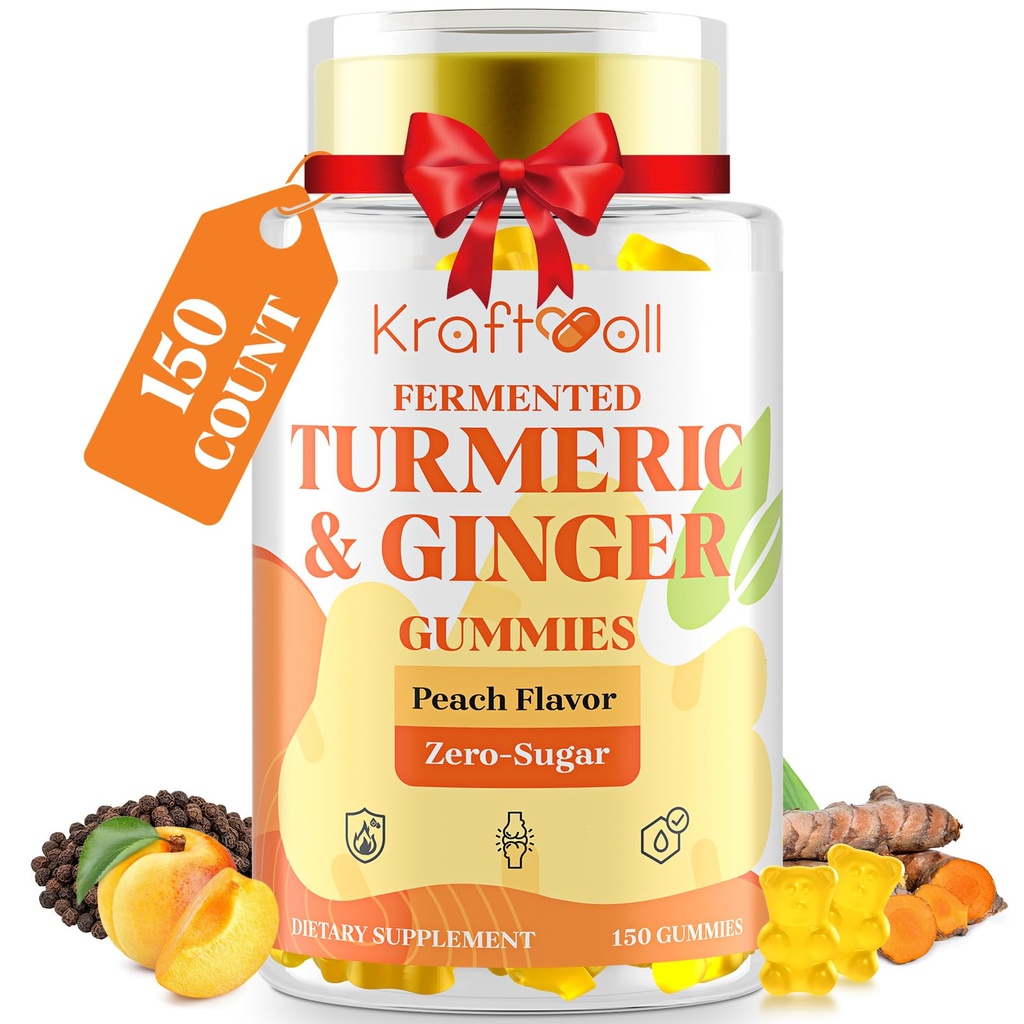 5 Miesiące dostaw gum turmerowych i imbirowych z papryką czarną, fermentowane Turmeric dla Joint Comfort & Mobilność, Sugar-Free z witaminą D3 + K2, Natural Peach Flavor - 150 Gummies
