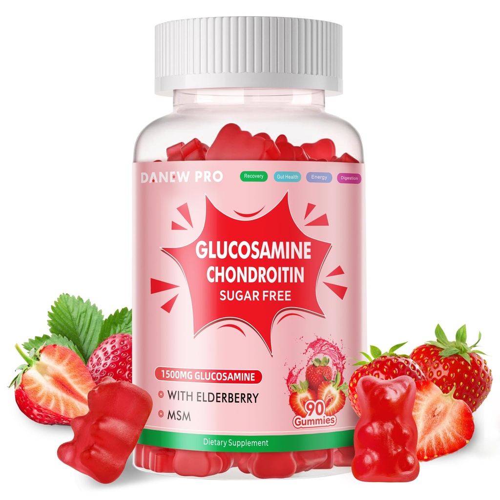 DANEW Pro Glukozamina Gummie Chondroitin z SM & Elderberry Extra Siła - Wspólne wsparcie, Antyoksydant immunologiczny Suplement wsparcia dla dorosłych, Mężczyźni i przędza gumki truskawkowe