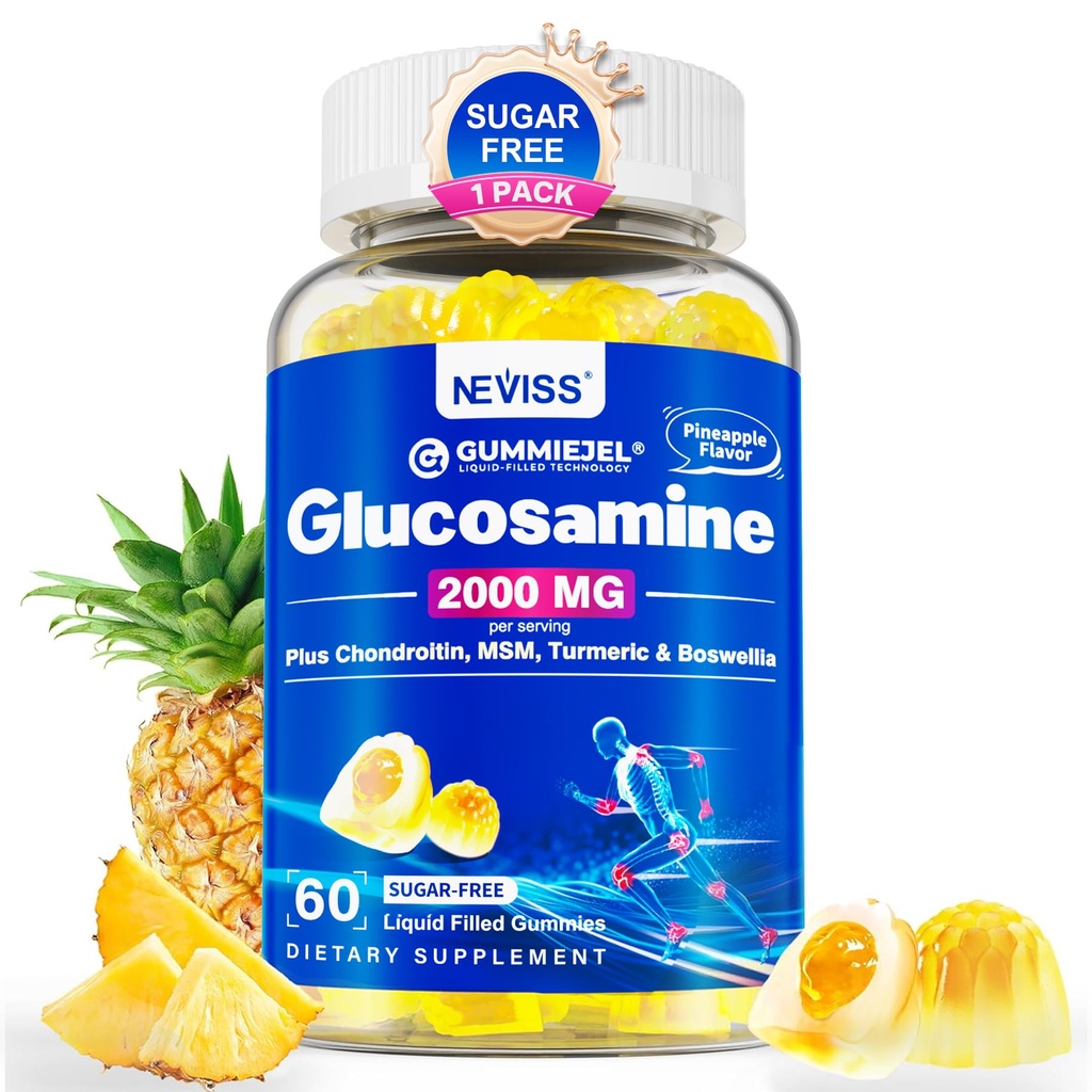 Bez cukru Glukozamina Chondroitin Gummies - Max Siła Suplement Mobilności dla Kobiet i Mężczyzn w / Glukozaminy siarczan 2000mg, Boswella, Curcumin & Kwas hialuronowy - Elastyczność Wsparcie - 60Cts