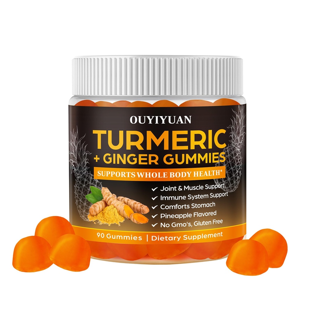 Turmerowe gumki, Joint & Muscle Relief + Immune Support, Naturalny aromat ananasowy, Nie-GMO Gluten- Free, 90 Gummies