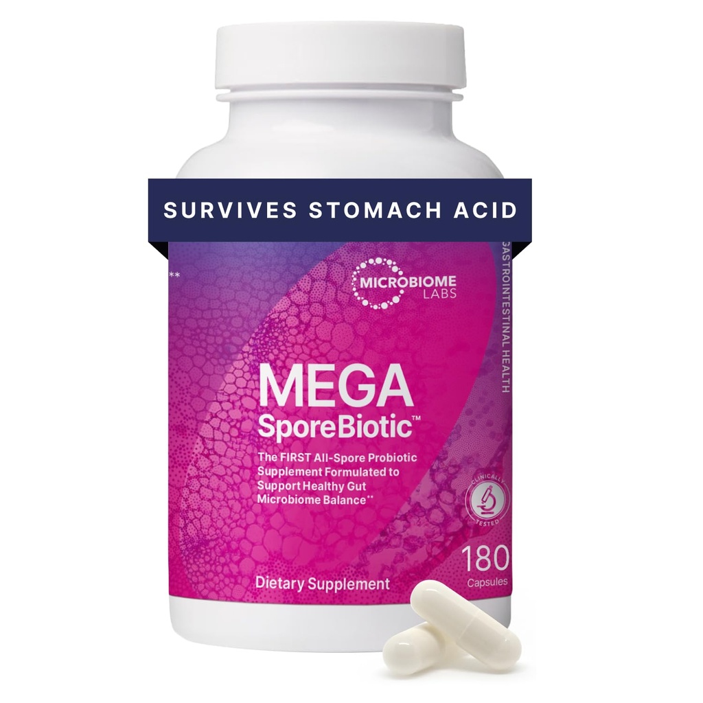 Microbiome Labs MegaSporeBiotic Probiotyki dla Kobiet i Mężczyzn - Probiotyk oparty na sporach dla Gut Health & Digestive Support - Shelf- Stabilny, Przyjazny Travel-, Probiotyki męskie i kobiece (180 Kapsułki)