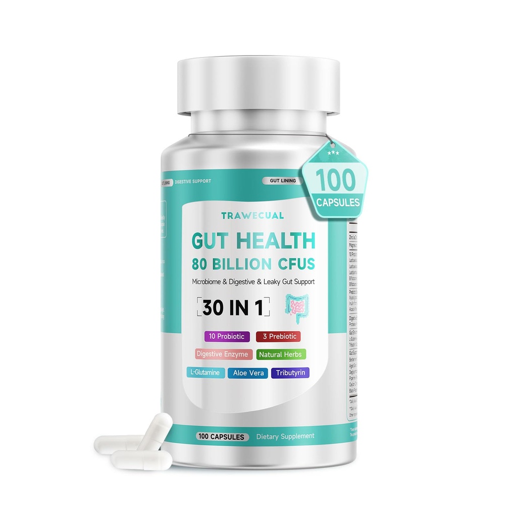 Gut Health Capsule Supplement, Supports Microbiome, Leaky Gut, and Digestion, with 80 Billion CFU Probiotics, Prebiotics, Digestive Enzymes, 30-in-1 Gut Health Supplement, 100 Capsules