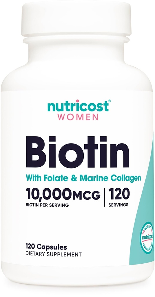 Nutricost Biotin dla kobiet 10,000mcg 120 Kapsułki - z folianem i kolagenem, Gluten Free & Non-GMO