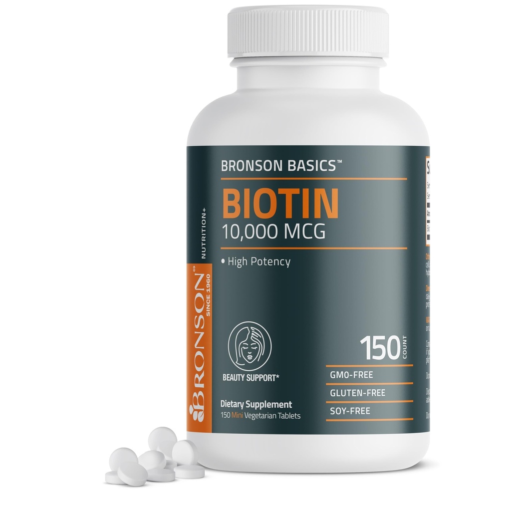 Bronson Biotin 10,000mcg, Supports Healthy Hair, Skin and Nails, Vegetarian, Non-GMO, 150 Tablets
