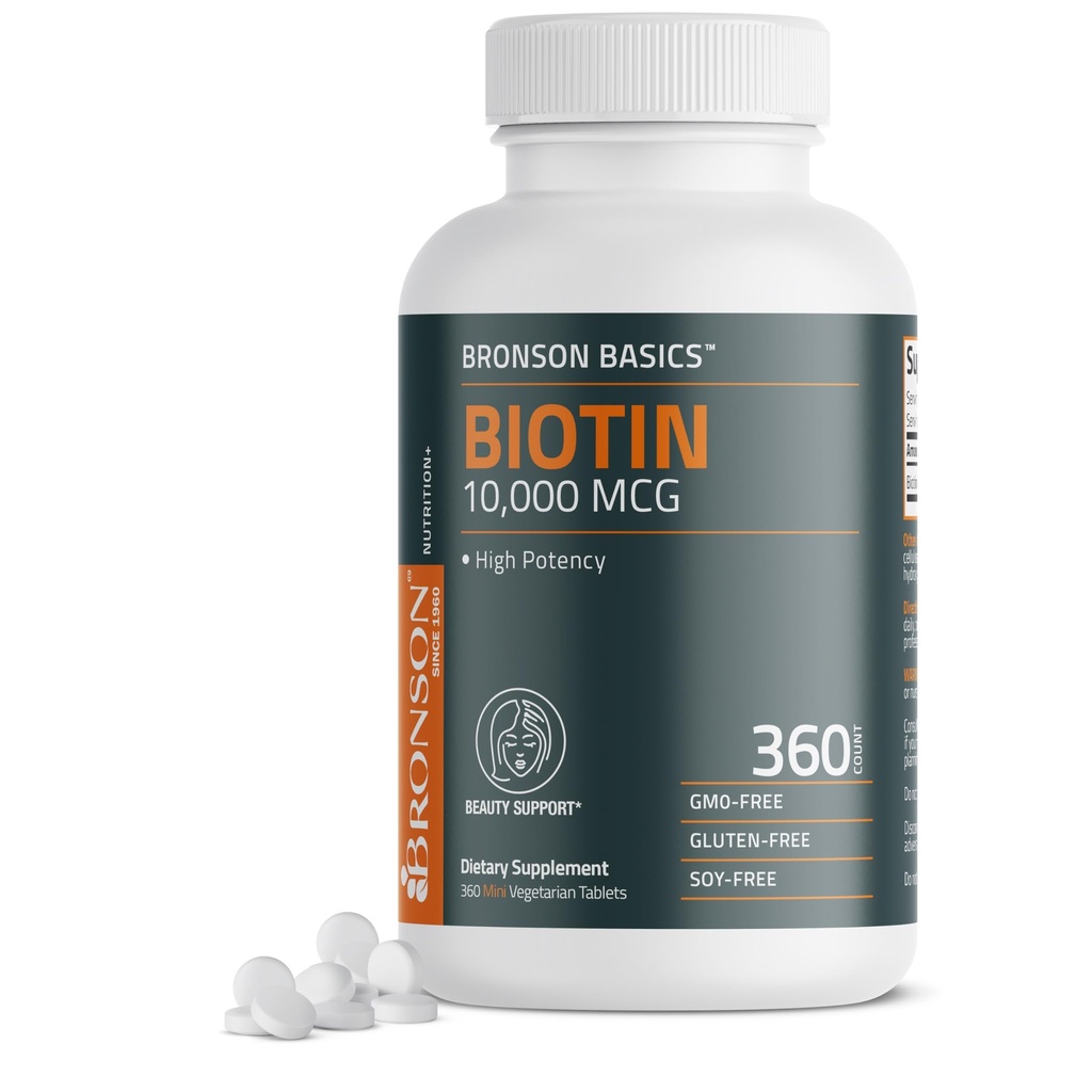 Bronson Biotin 10,000mcg, Supports Healthy Hair, Skin and Nails, Vegetarian, Non-GMO, 360 Tablets