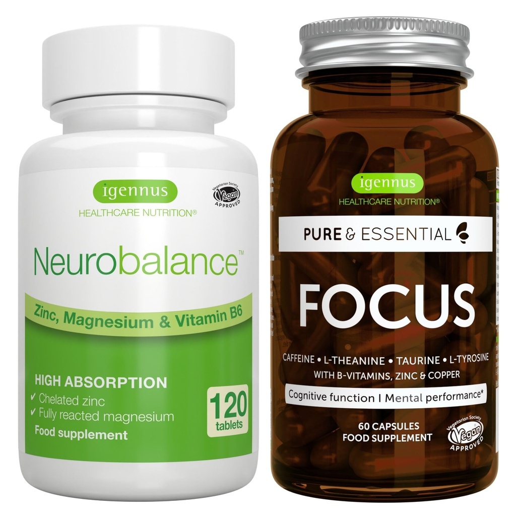 Neurobalance + Focus Brain Booster Wegan Bundle, Wysoka Absorpcja Cynk Magnezu & B6 + Kofeina, Amino Kwasy i Metylowane B- Witaminy, przez Igennus