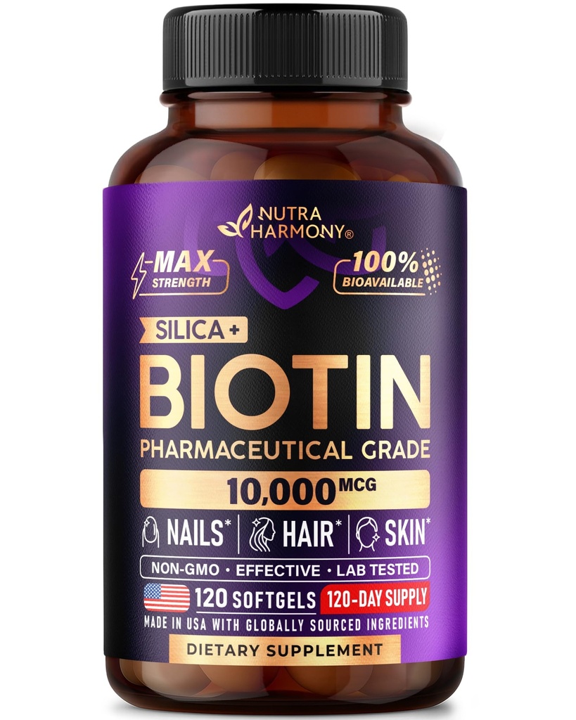 Biotin 10000mcg z silikonem - farmaceutyczny suplement Biotin dla kobiet - Wsparcie wzrostu włosów, skóry i paznokci - Max Siła & 100% Biodostępność - Made in USA - 120 Softgels, 120 Days Supply
