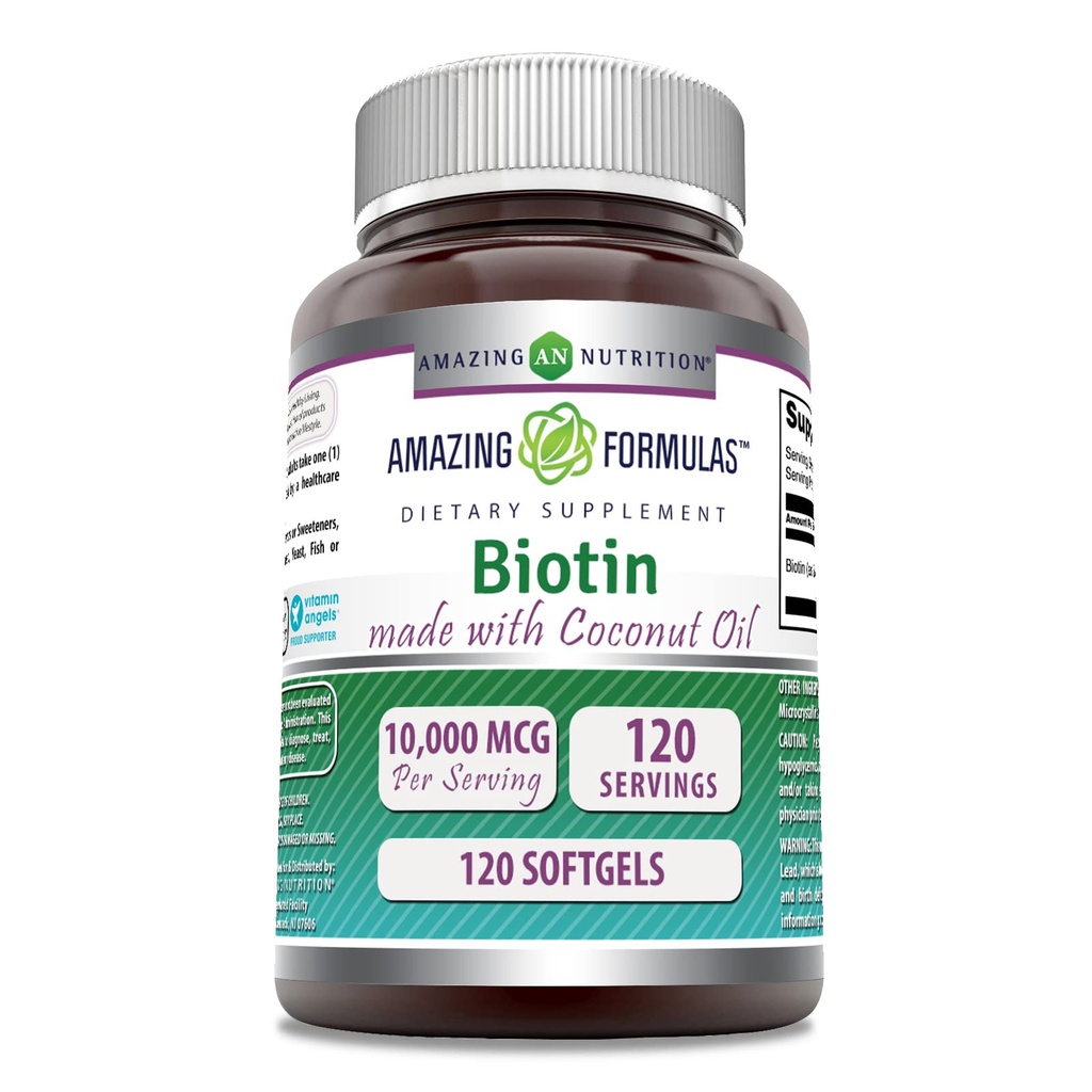 Amazing Biotin Biotin z Extra Virgin Organic Coconut Oil Supplement Agregat 124; 10000 Mcg Agregat 124; 120 Softgels Agregat 124; Non-GMO Agregat 124; Gluten- Free Agregat 124; Made in USA