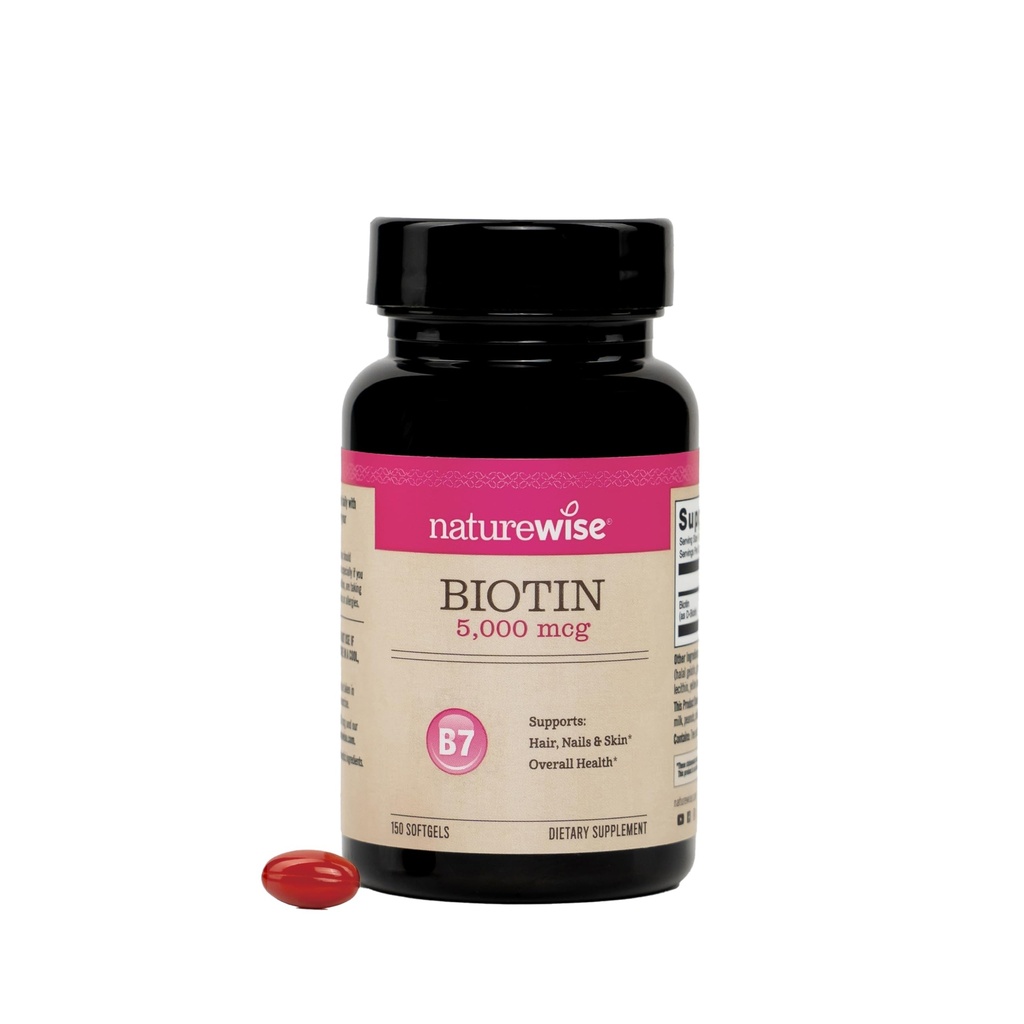 NatureWise Extra Siła Biotin 5000 µg Softgels - Biotyna na wzrost włosów Kobiety & Mężczyźni + Wsparcie skóry i paznokci - Non-GMO, USA Produkowane - 150 Softgels [150- Day Supply]
