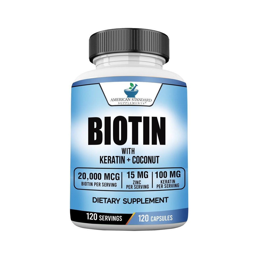 American Standard Supplements Biotin 20,000mcg z keratyny, proszku kokosowego i cynku, Biotin suplement dla kobiet i mężczyzn, 120 Kapsułki wegetariańskie, 120 Day Supply