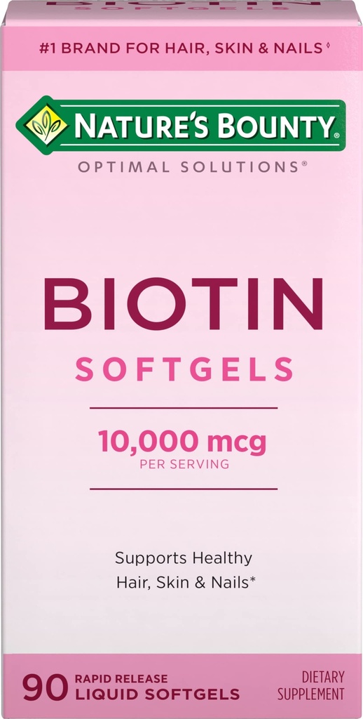 Nature 's Bounty Biotin 10000mcg suplement, Wspiera zdrowe włosy, skóry i paznokci, optymalne rozwiązania Witamina do włosów z Biotin, 90 Szybkie uwalnianie płynne softgele