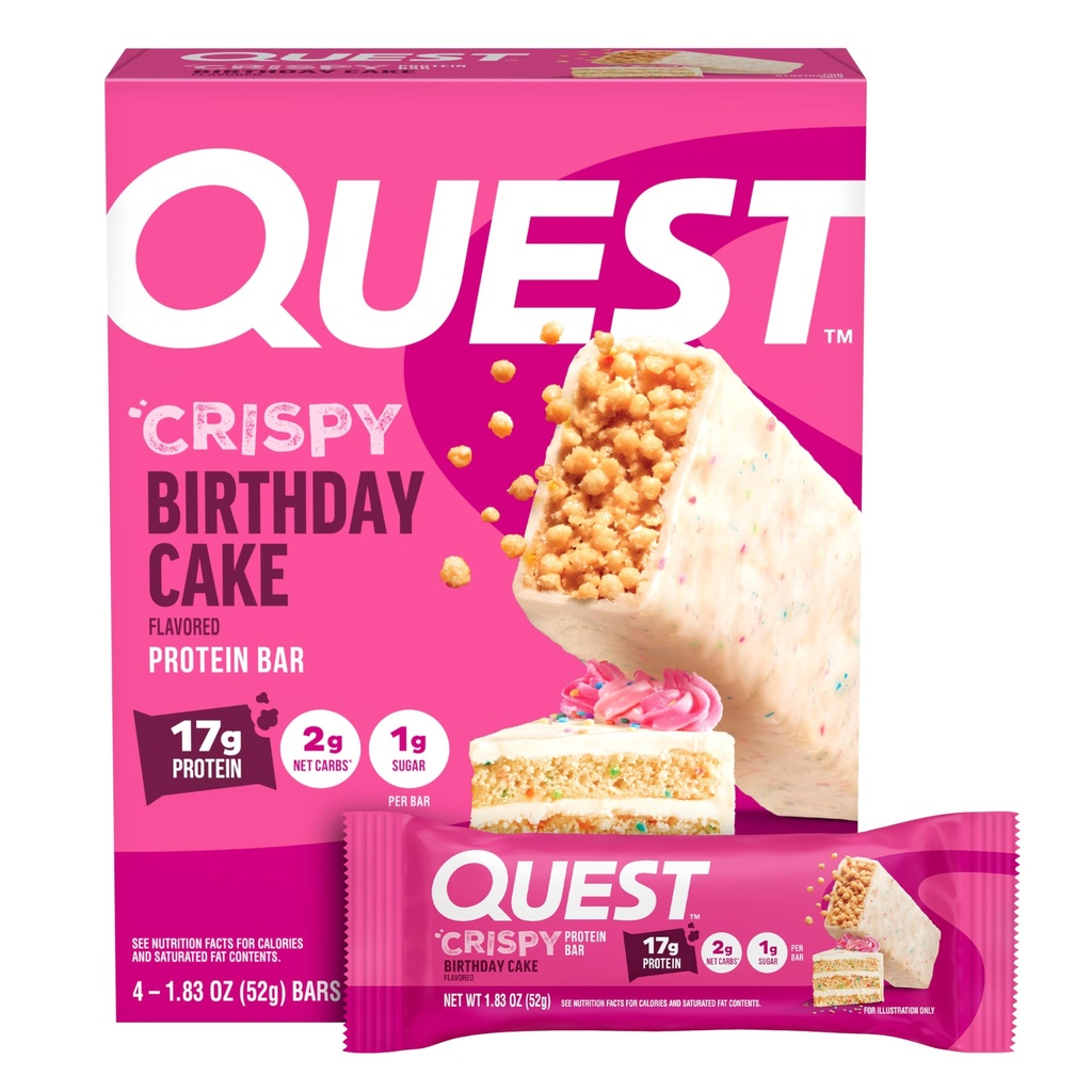 Quest Nutrition Crispy urodzinowe ciasto protein Bar, 17g białka, 1 g cukru, 2g netto węglowodanów, gluten darmowe białko przekąski, Keto friendly, 4 Hrabia