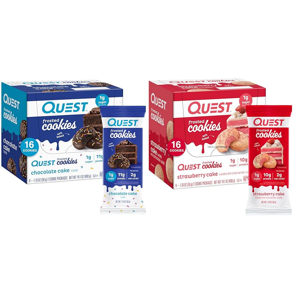 Quest Nutrition Frosted Cookies Twin Pack Bundle, Ciasto czekoladowe 1g Sugar 11g Protein 2g Net Carbs i ciasto truskawkowe 1g Sugar 10g Protein 2g Net Carbs, Gluten Free, 16 Cookies Each