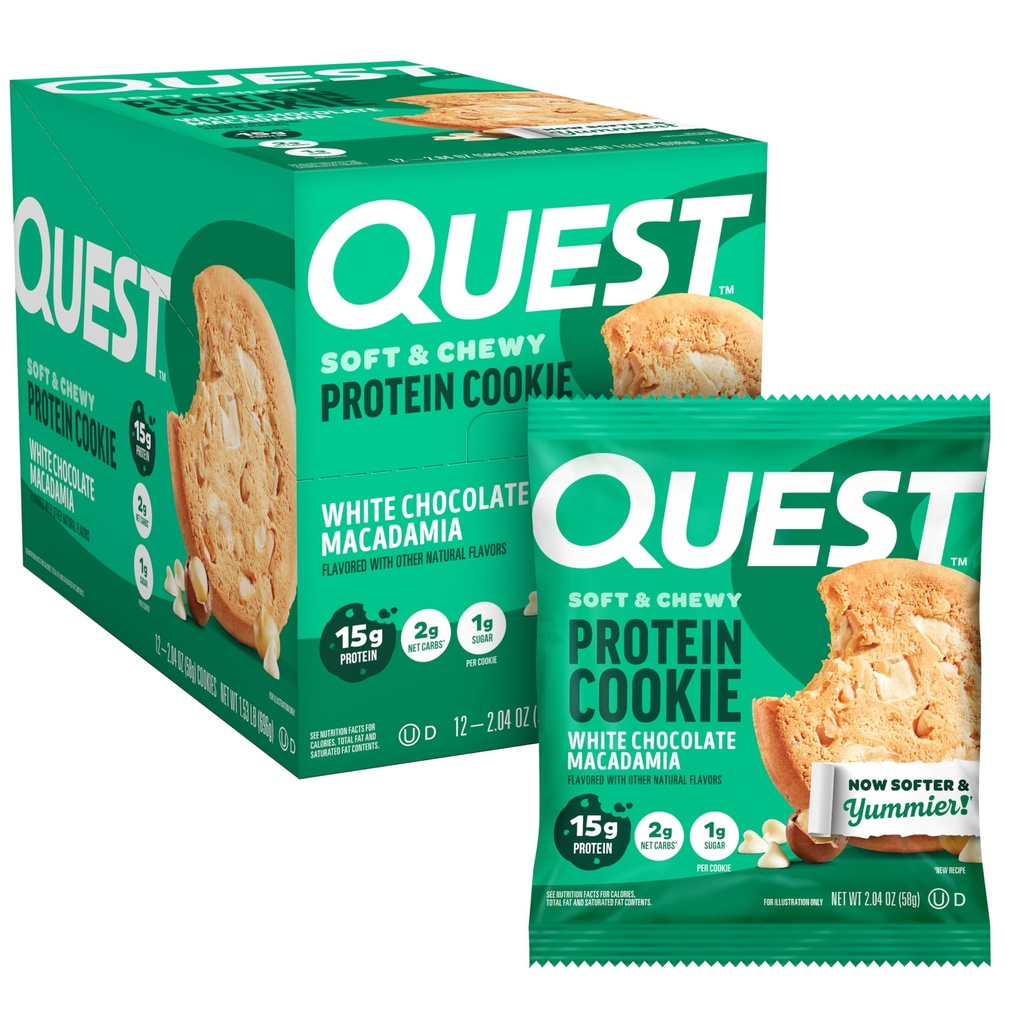 Quest Nutrition White Chocolate Macadamia Protein Cookie, 15 g Protein, 1 g Sugar, 2g Net Carbs, Keto Friendly, Wysoki poziom białka, Niskie węglowodany; 12 Hrabia