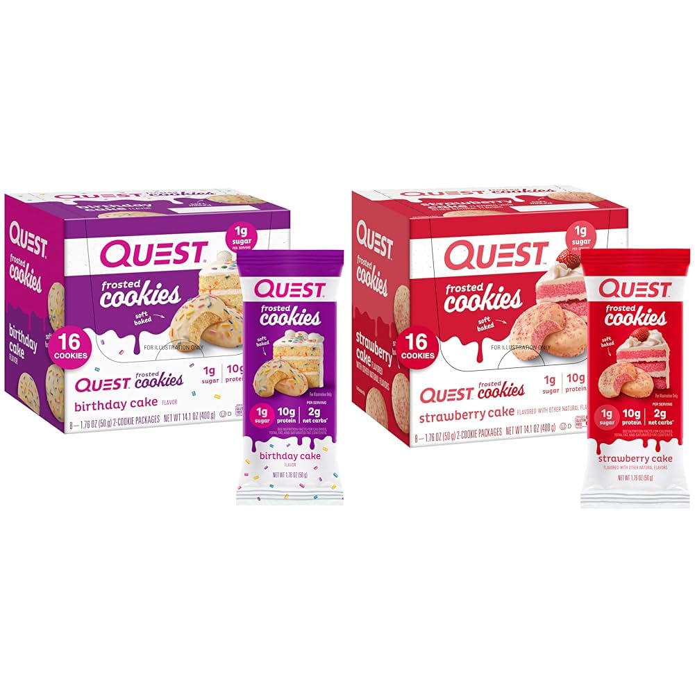 Quest Frosted Cookies Twin Pack with Birthday Cake 1g Sugar 10g Protein 2g Net Carbs Gluten Free 8 Count and Strawberry Cake 1g Sugar 10g Protein Net Carbs Gluten Free 16 Cookies