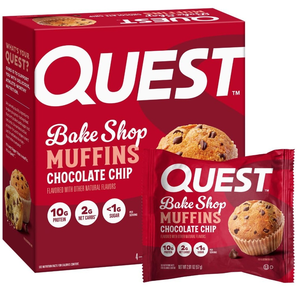 Quest Nutrition Chocolate Chip Muffin, 10g Protein, 2g Net Carb, Mniej niż 1g Sugar, Protein Snack, 4 Count