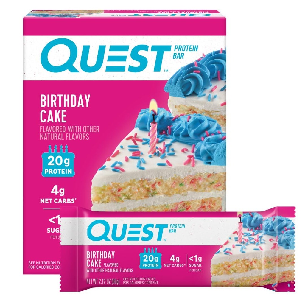 Quest Nutrition Birthday Cake Protein Bars, 20 g Protein, 4g netto węglowodany, 1 g cukru, Gluten Free, Keto Friendly, 4 Hrabia