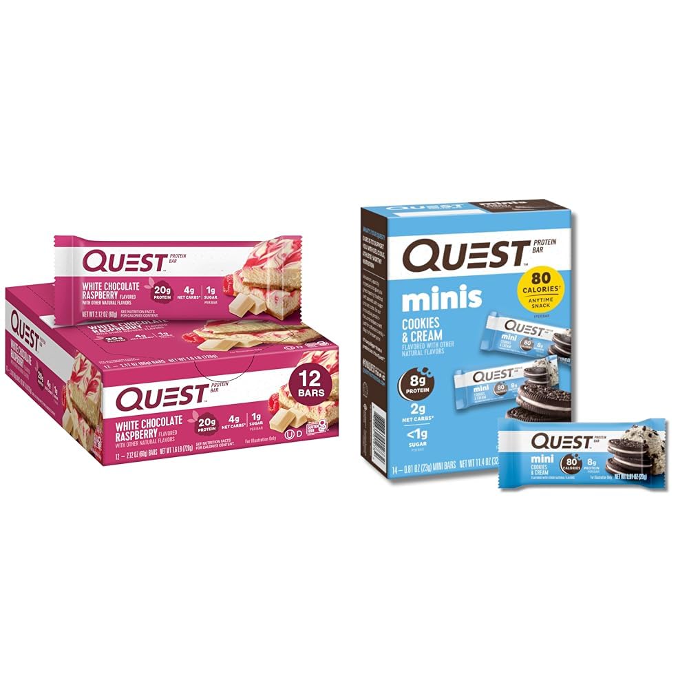 Quest Protein Bars Bundle - Biała czekolada Malina 12 Count & Cookies 'N Cream Mini 14 Count