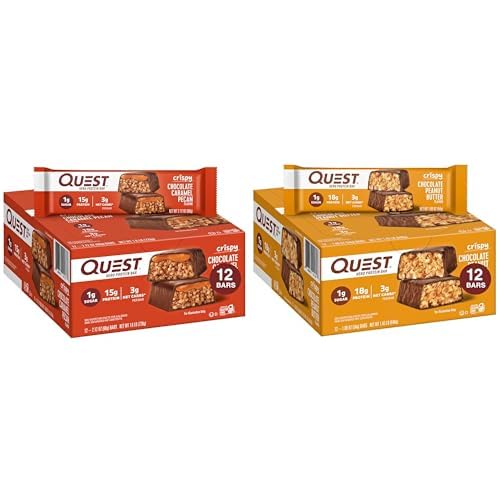 Quest Hero Protein Bary, Chrupiąca Czekolada Karmel Pekan i Masło orzechowe czekoladowe, 15- 18g Białko, 1 g Cukier, 12 Hrabia