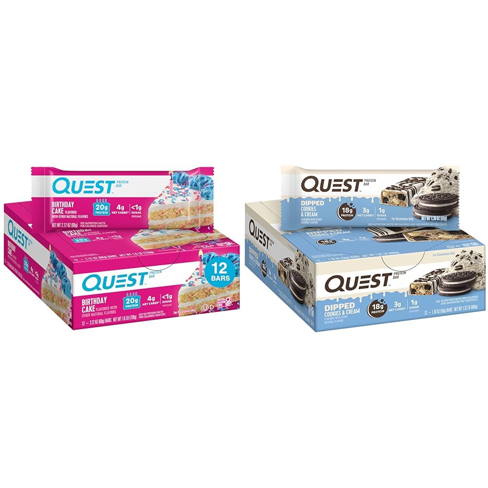 Urodziny Quest Cake & Cookies & Cream Dipped Protein Bary, Wysokie białka, Gluten Free, Keto Friendly, 12 Licz każdy