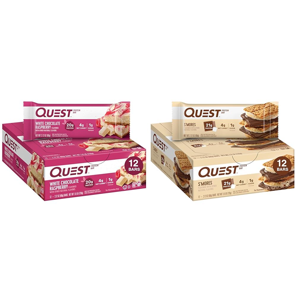 Quest Nutrition Białe Czekoladowe batoniki malinowe, Wysokie białko, Niskie węglowodany, Gluten Free, Keto Friendly, 12 Count & S 'mores Protein Bar, Wysokie białka, Niskie węglowodany, Gluten Free, Keto Friendly, 12 Count