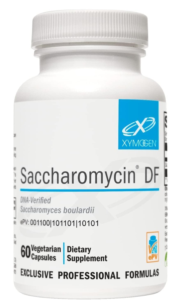 XYMOGEN Saccharomycin 10B - Tomach Acid- Resistant, DNA- Verified Saccharomyces boulardii - Dairy Free Yeast Probiotics for Gut Support & Immune Health - Formerly Saccharomycin DF (60 kapsułki)