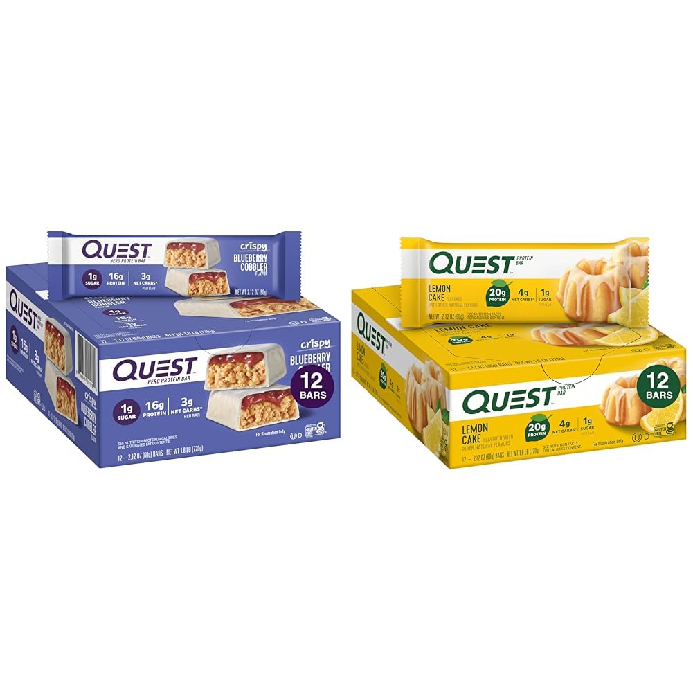 Quest Nutrition Crispy Blueberry Cobbler Hero Protein Bar, 16 g protein, 1 g cukru, 3g & cytrynowe batoniki białka, wysoki poziom białka, niskie węglowodany, gluten wolny, Keto friendly