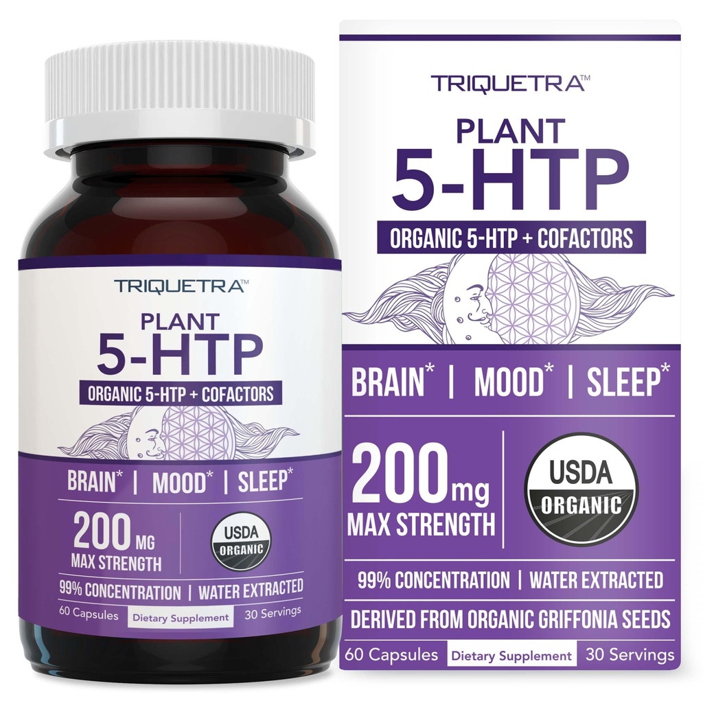 Organiczne 5- HTP - 200 mg w 124; 99% Stężenie 5HTP, Plus Cofactor Witamina B6 & Lwie 's Mane w 124; Woda ekstrahowana z organicznych nasion Griffonia 124; Wspiera nastroje, kognitywność i sen (60 Kapsułki w 124; 30 Służenia)