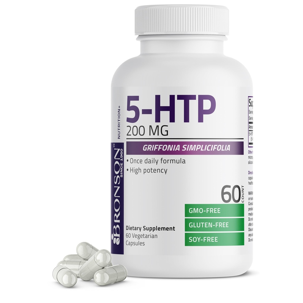Bronson 5- HTP 200mg (5- hydroksytryptofan) Griffonia Simplicifolia Non-GMO, 60 Kapsułki wegetariańskie