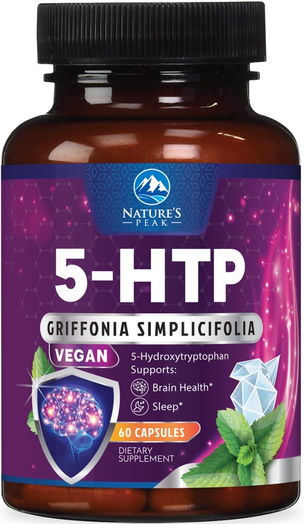5- HTP Suplement - 5- HTP 200mg Per Serving - Dodatkowa moc 5HTP (5- Hydroxytryptofan) Griffonia Simplicifolia - Pomaga Resteful Sleep, Natural Calm & Brain Health - Butelkowany w USA - 60 Kapsułki