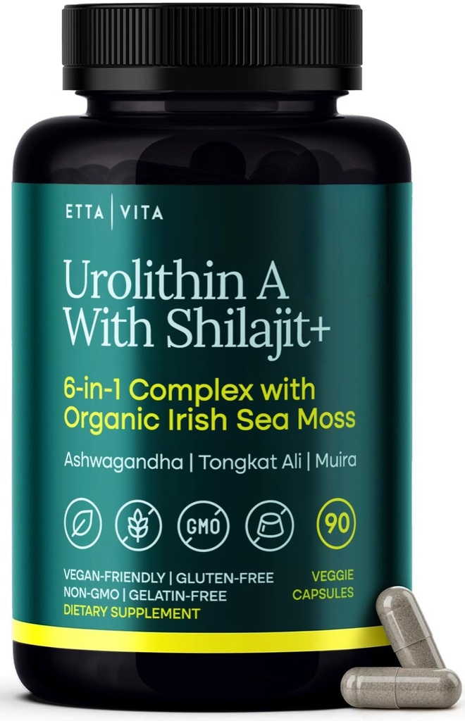 Urolithina- Complex w Shilajit, Organic Sea Moss, Ashwagandha & Tongkat Ali, Natural Energy, Libido, Hormon Balance i Focus for Men & Women (Made in USA - 3. Party Tested)