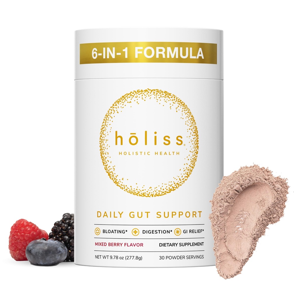 Daily Gut Health Powder 6- in-1 All Natural Supplement, Slippery Elm, L Glutamine, Balsam cytrynowy z PepZinGI - Bloat & Gas Relief, GI Lining Naprawa, Wsparcie IBS - Mieszane Berry, 30 Służenie
