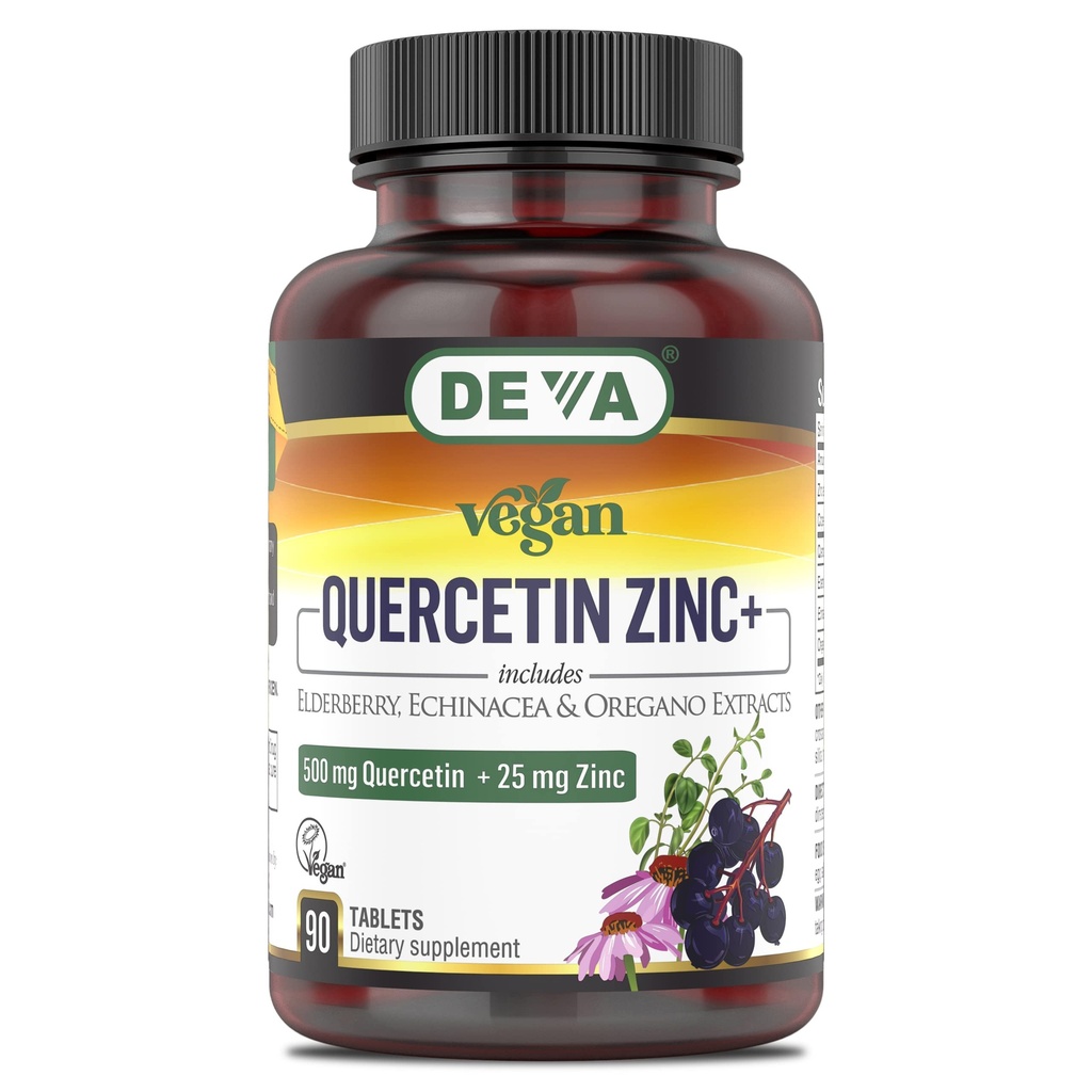DEVA Vegan Quercetin 500mg Plus 25 mg Cynk z Elderberry, Echinacea i Oregano Ekstrakty N- składników zwierzęcych - 90 tabletek, 1- opakowanie