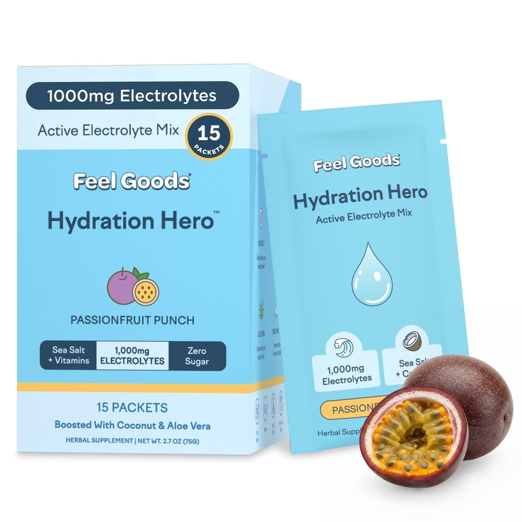 Feel Goods Hydration Hero, 1,000mg Electrolytes Powder, Cukier wolny, Magnez, Organic Aloe Vera, L Theanine, Witamina C & B12, Keto, Wegan, Pakiety Electrolyte, Passion Fruit Punch, 15 Count