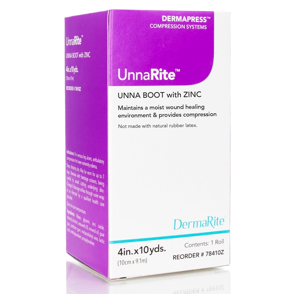 DermaRite 's UnnaRite C Unna Boot, z tlenkiem cynku - wilgotne uzdrawianie i łagodny kompresja dla owrzodzeń żylnych nóg - 4 w. x 10 m., 1 rolka