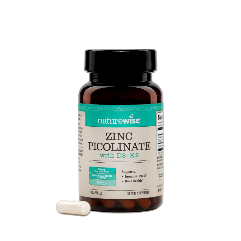 NatureWise Pikolinian cynku z D3 + K2 - Suplementy cynku dla mężczyzn i kobiet + Witamina D3 K2 - Wspiera Immune & Bone Health * - Non- GMO, Gluten Free, USA Produkowane - 30 Kapsułki [30 Day Supply]