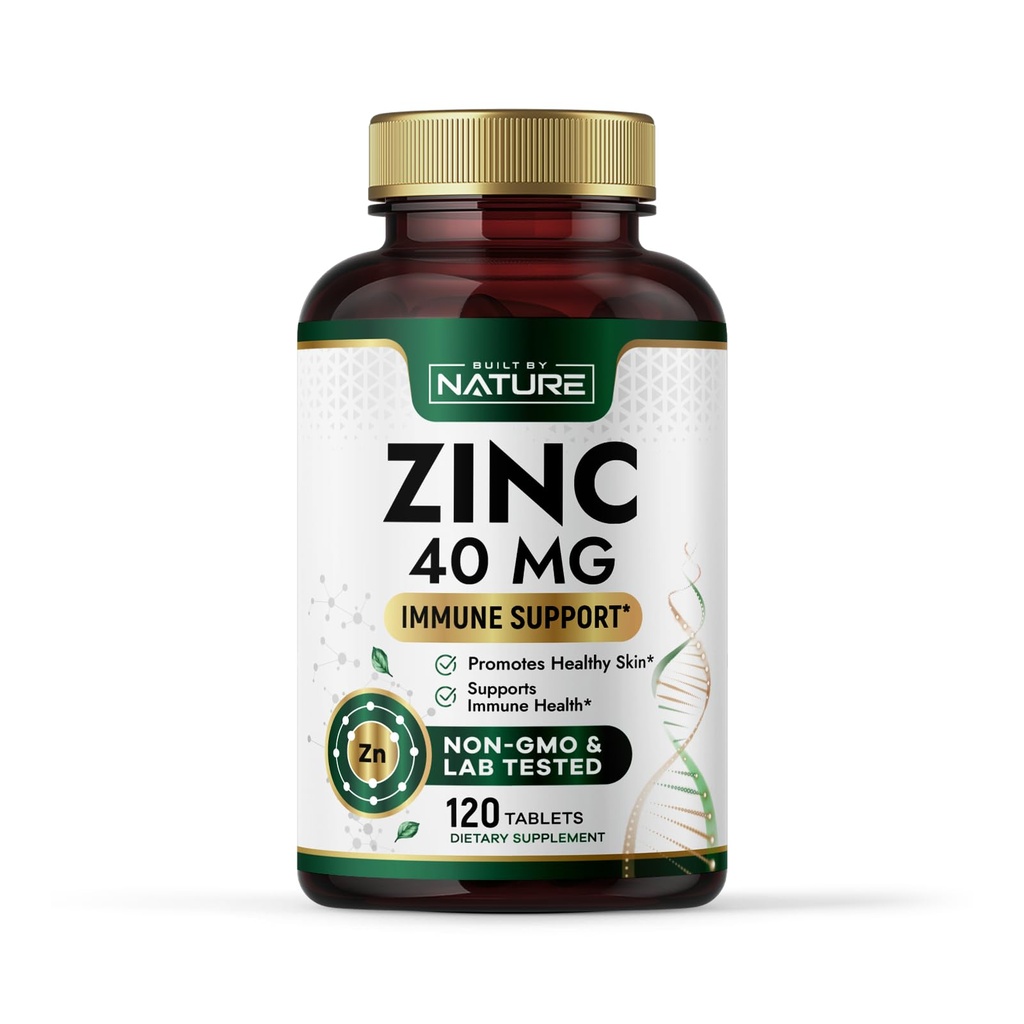 Zbudowany przez naturę Cynk 40 mg - Wysokiej mocy immunologiczne Wsparcie i suplement przeciwutleniacz - Promotes Skin Health & Gojenie rany - Glukonian cynku - Non-GMO, Gluten Free - 120 Tablets