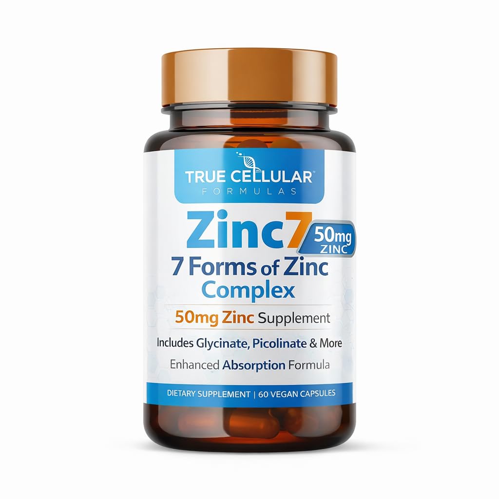 Zinc7: 7- in-1 Zinc Complex 50mg - Maksymalna absorpcja dla immunologicznej obrony, Deep Sleep & All- Day Energy 124; Równowaga hormonalna, Mental Focus & Metabolizm Wsparcie 124; 60 Kapsułki wegańskie