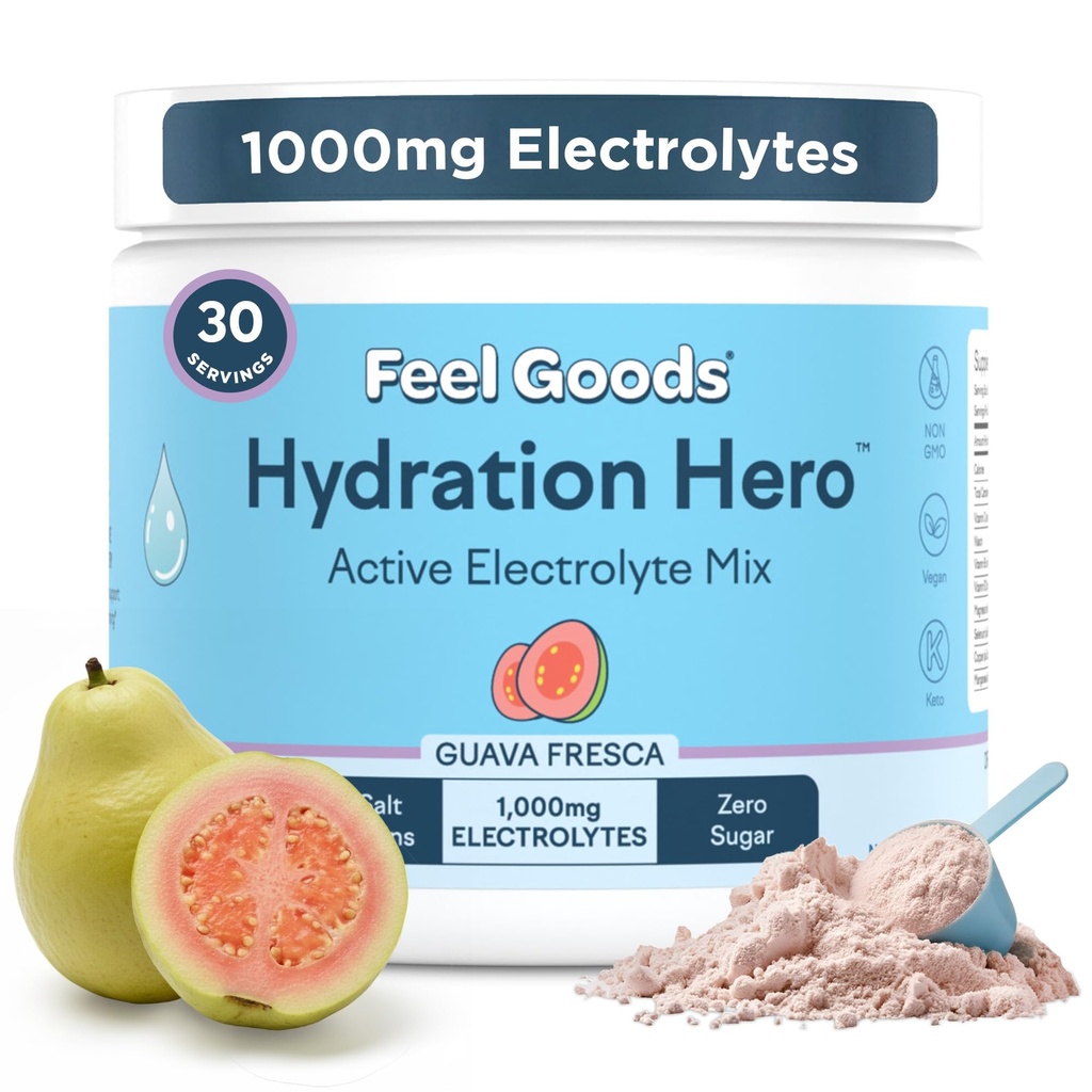 Feel Goods Hydration Hero, 1,000mg Electrolytes Powder, Sugar Free, Magnez, Organic Aloe Vera, Organic Aloe, L Theanine, Witamina C & B12, Nie GMO, Keto, Wegan 124; Guava Fresca, 30 Służenia