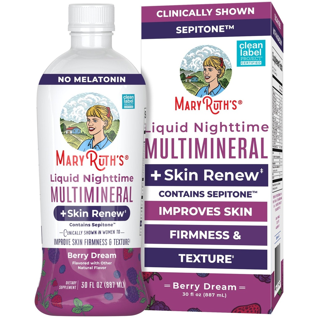 MaryRuth 's Liquid Nighttime Liquid Multimineral + Skin Renew 124; Klinicznie pokazane u kobiet w celu zmniejszenia drobnego zmarszczki i poprawić firmness skóry 124; Sepitone Between 124; NO Melatonin Between 124; Magnezu Between 124; Vegan Between 124; 30 Służenia