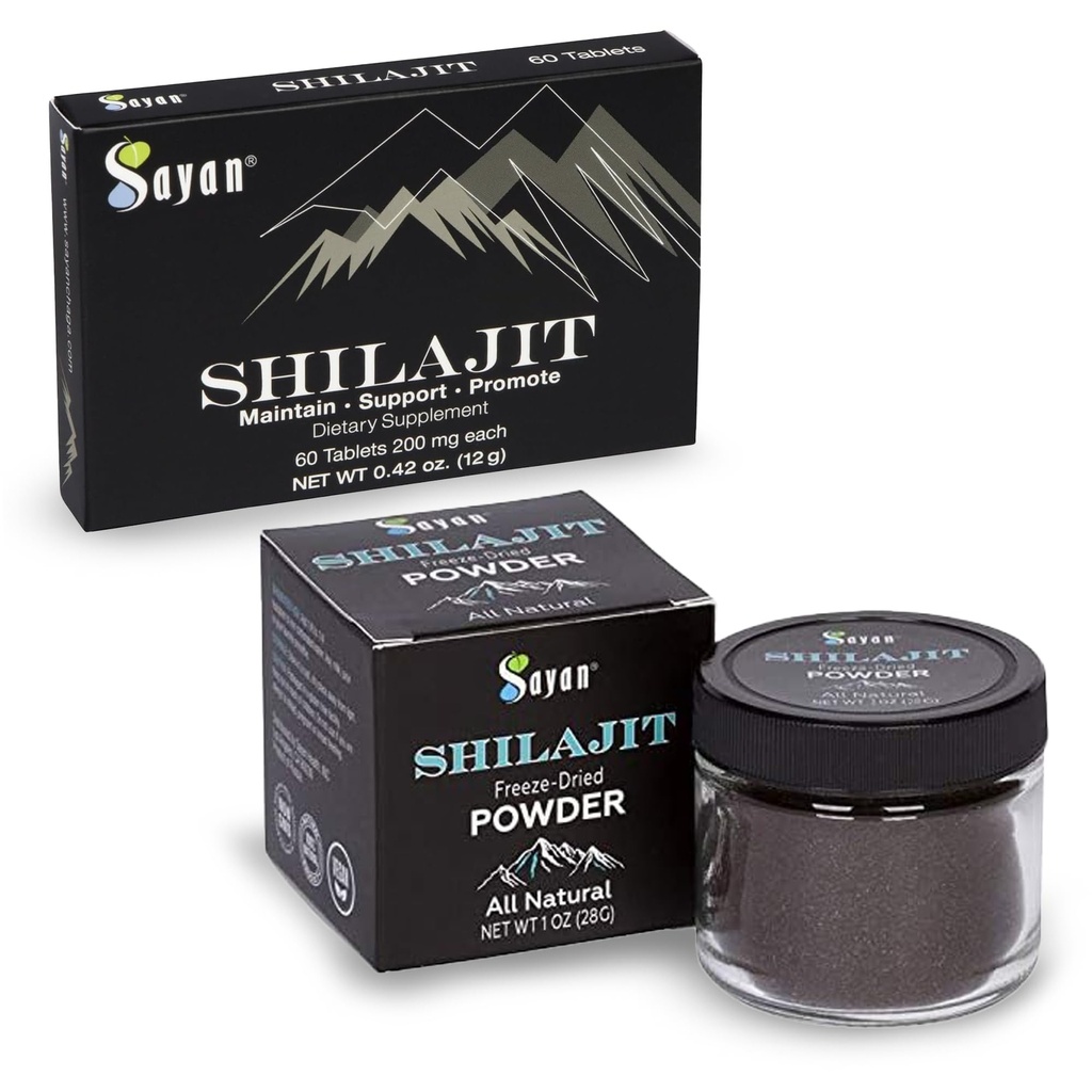 Sayan Shilajit Pure Organic Black Resin Trace Mineral Tablets & Pure Organic Shilajit Extract Freeze- Suchy Puder Bundle - Wsparcie immunologiczne, Detox, Energy Boost (1 Miesiąc dostaw)