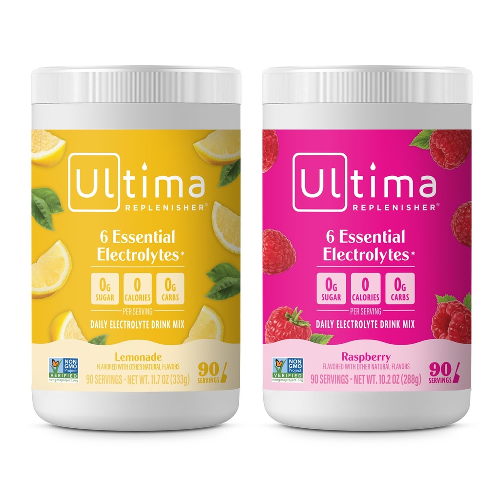 Ultima Replenisher Electrolyte w proszku Mix Bundle - Cukier wolny - Lemoniada i Malina, 90 Słupki - Proszek do nawadniania - 6 Kluczowe elektrolity i minerały śladowe - Keto Friendly, Nie-GMO